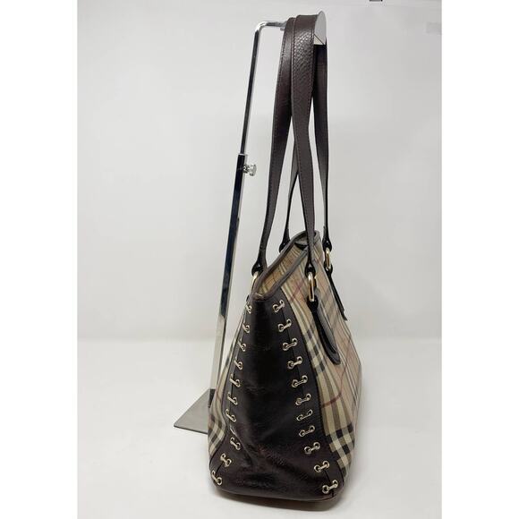 Burberry Brown Beige Haymarket Check Canvas Regent Grommet Tote Bag Double Strap - Picture 5 of 16